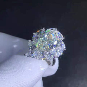 6 Carat K-M Colorless Pear Cut 11 Stone Halo Cathedral VVS Simulated Sapphire Ring
