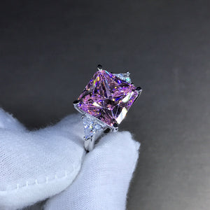 6 Carat Pink Square Radiant Cut 4 Claw Three Stone Cathedral Moissanite Ring