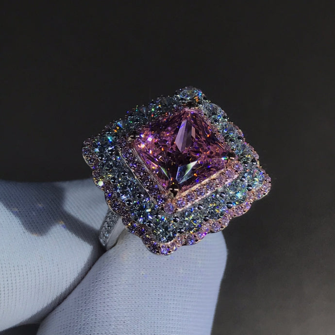 4 Carat Pink Square Radiant Cut Two-tone Triple Halo Bead-set Moissanite Ring