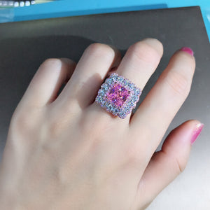4 Carat Pink Square Radiant Cut Two-tone Triple Halo Bead-set Moissanite Ring