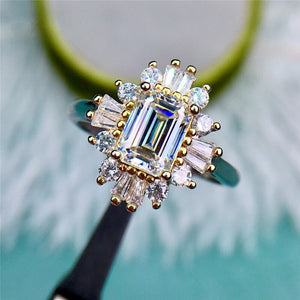 1 Carat D Color Emerald Cut Two-tone Starburst Halo Plain Shank Moissanite Ring
