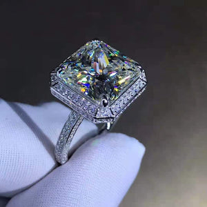 6 Carat K-M Colorless Radiant Cut Bead-set Double Edge Halo Pave Wrap Simulated Sapphire Ring