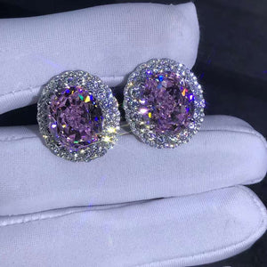 15 CTW Pink Oval Halo Simulated Moissanite Omega Clip Back Stud Earrings