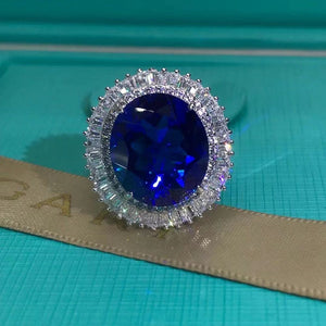 15 Carat Oval cut Blue Lab Sapphire Snowflake Halo Ring