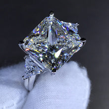 Load image into Gallery viewer, 6 Carat K-M Colorless Square Radiant Cut 4 Claw Three Stone Cathedral Plain Shank Simulated Sapphire Ring