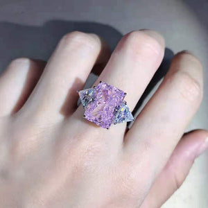 6 Carat Pink Radiant Cut 4 Claw Three Stone VVS Moissanite Ring