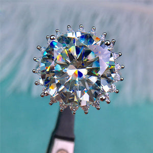 10 Carat D Color Round Cut Star Burst Certified VVS Moissanite Ring