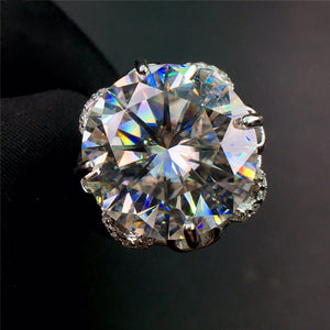 10 Carat Round Cut Moissanite Ring 4 Prong Floral Halo Certified VVS D Color