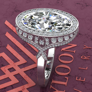 10 Carat Oval cut Moissanite Ring Euro Shank Bezel set Halo Vintage-Style D-E-F Color VVS