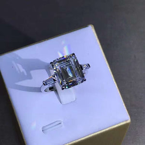 5 Carat K-M Colorless Emerald Cut Three Stone Basket VVS Simulated Sapphire Ring