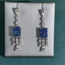 Load image into Gallery viewer, 3 Carat Crushed Ice Radiant cut Blue Simulated Moissanite Dangling Earrings