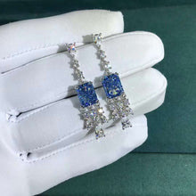 Load image into Gallery viewer, 3 Carat Crushed Ice Radiant cut Blue Simulated Moissanite Dangling Earrings
