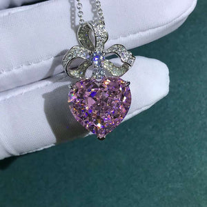 15 Carat Pink Heart Cut Bow Knot Halo VVS Simulated Sapphire Necklace