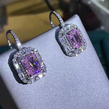 Load image into Gallery viewer, 2 Carat Radiant Cut Light Champaign Pink Halo Simulated Moissanite Lever Back Earrings