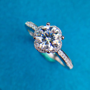 1 Carat D Color Round Cut Clover Subtle Halo Bead-set Certified VVS Moissanite Ring