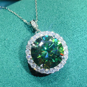 10 Carat Green Round Cut 4 Prong Halo Certified VVS Moissanite Necklace