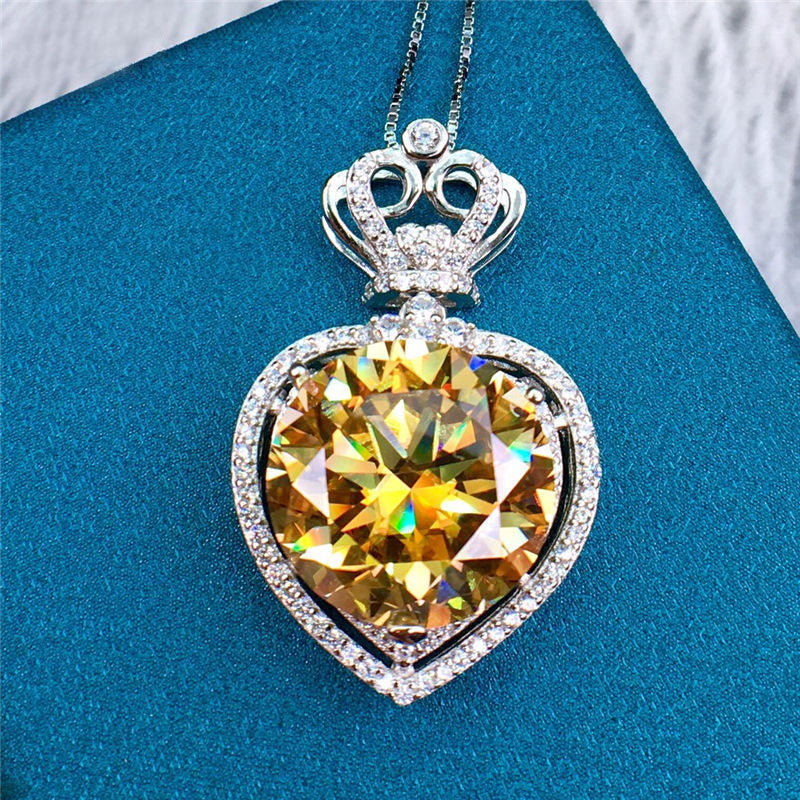 10 Carat Yellow Round Cut Double Heart Halo Princess Crown Moissanite Necklace