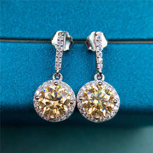 Load image into Gallery viewer, 2-4 Carat Yellow Round Cut Bead-set Halo Certified VVS Moissanite Drop Earrings