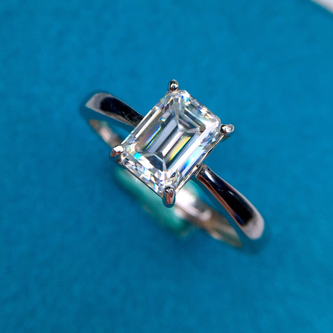 1 Carat D Color Emerald Cut Solitaire Reverse Tapered Shank VVS Moissanite Ring