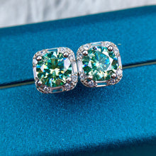 Load image into Gallery viewer, 2 Carat Green Round Cut Cushion Halo Certified VVS Moissanite Stud Earrings