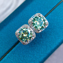 Load image into Gallery viewer, 2 Carat Green Round Cut Cushion Halo Certified VVS Moissanite Stud Earrings