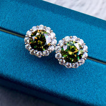 Load image into Gallery viewer, 2 Carat Green Round Cut Flower Halo Certified VVS Moissanite Stud Earrings