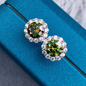 2 Carat Green Round Cut Flower Halo Certified VVS Moissanite Stud Earrings