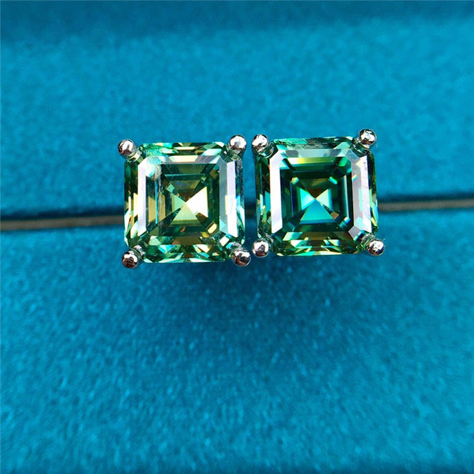 2 Carat Green Square Radiant Cut Solitaire Certified VVS Moissanite Stud Earrings