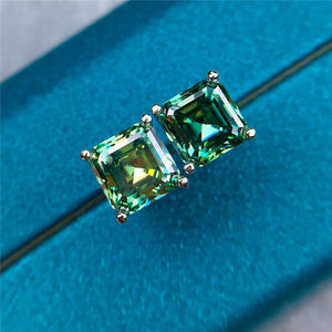 2 Carat Green Square Radiant Cut Solitaire Certified VVS Moissanite Stud Earrings