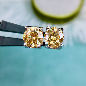 2 Carat Yellow Round Cut Solitaire Certified VVS Moissanite Stud Earrings