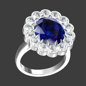 8 Carat Oval Cut Pt 950 Dark Blue Color Halo Tulip Set Cathedral Euro Shank Lab Grown Sapphire Ring - Custom Order