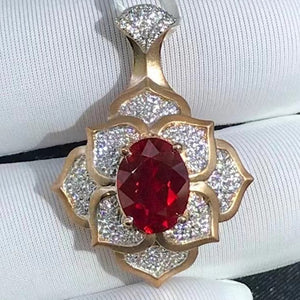3.51 Carat Oval Cut Two-tone Flower Double Halo Red Lab Ruby Pendant- 9K, 14K, 18K Solid Gold and 950 Platinum