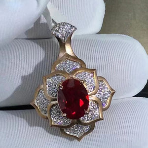 3.51 Carat Oval Cut Two-tone Flower Double Halo Red Lab Ruby Pendant- 9K, 14K, 18K Solid Gold and 950 Platinum