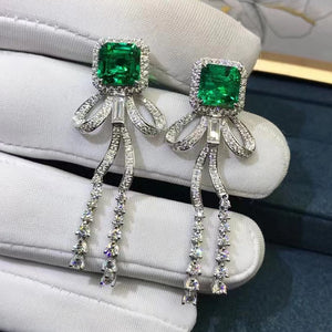 4.66 Carat Emerald Cut Lab Made Green Emerald Drop Earrings- 9K, 14K, 18K Solid Gold and 950 Platinum