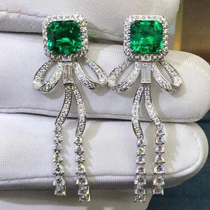4.66 Carat Emerald Cut Lab Made Green Emerald Drop Earrings- 9K, 14K, 18K Solid Gold and 950 Platinum