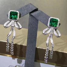 Load image into Gallery viewer, 4.66 Carat Emerald Cut Lab Made Green Emerald Drop Earrings- 9K, 14K, 18K Solid Gold and 950 Platinum