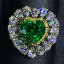 Load image into Gallery viewer, 2.39 Carat Heart Cut Two-tone Double Halo Lab Made Green Emerald Ring - 9K, 14K, 18K Solid Gold and 950 Platinum