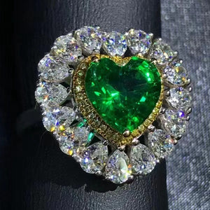 2.39 Carat Heart Cut Two-tone Double Halo Lab Made Green Emerald Ring - 9K, 14K, 18K Solid Gold and 950 Platinum