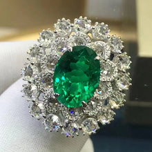 Load image into Gallery viewer, 3.85 Carat Oval Cut Double Halo Lab Made Green Emerald Ring - 9K, 14K, 18K Solid Gold and 950 Platinum