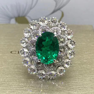 3.85 Carat Oval Cut Double Halo Lab Made Green Emerald Ring - 9K, 14K, 18K Solid Gold and 950 Platinum
