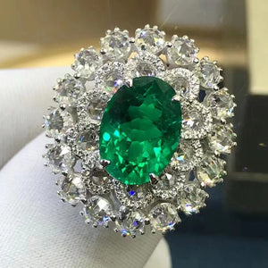 3.85 Carat Oval Cut Double Halo Lab Made Green Emerald Ring - 9K, 14K, 18K Solid Gold and 950 Platinum