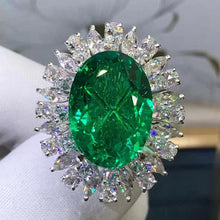 Load image into Gallery viewer, 9.66 Carat Oval Cut Halo Burst Lab Made Green Emerald Ring - 9K, 14K, 18K Solid Gold and 950 Platinum