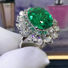 Load image into Gallery viewer, 9.66 Carat Oval Cut Halo Burst Lab Made Green Emerald Ring - 9K, 14K, 18K Solid Gold and 950 Platinum