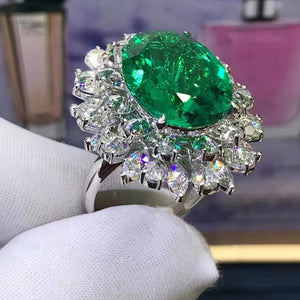 9.66 Carat Oval Cut Halo Burst Lab Made Green Emerald Ring - 9K, 14K, 18K Solid Gold and 950 Platinum