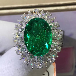 9.66 Carat Oval Cut Halo Burst Lab Made Green Emerald Ring - 9K, 14K, 18K Solid Gold and 950 Platinum