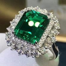 Load image into Gallery viewer, 6.06 Carat Emerald Cut Double Halo Lab Made Green Emerald Ring - 9K, 14K, 18K Solid Gold and 950 Platinum