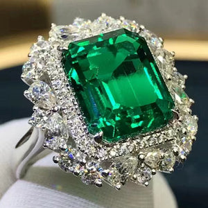 6.06 Carat Emerald Cut Double Halo Lab Made Green Emerald Ring - 9K, 14K, 18K Solid Gold and 950 Platinum