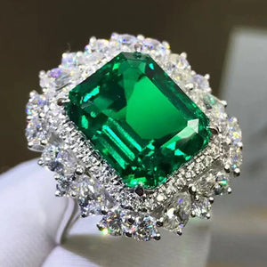 6.06 Carat Emerald Cut Double Halo Lab Made Green Emerald Ring - 9K, 14K, 18K Solid Gold and 950 Platinum