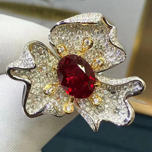 3.53 Carat Oval Cut Three Petal Flower Halo Red Lab Ruby- 9K, 14K, 18K Solid Gold and 950 Platinum