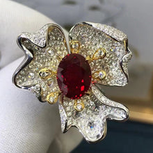 Load image into Gallery viewer, 3.53 Carat Oval Cut Three Petal Flower Halo Red Lab Ruby- 9K, 14K, 18K Solid Gold and 950 Platinum
